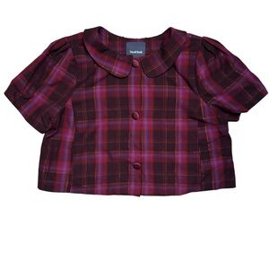 ModCloth Short Sleeve Plaid Gold Blouse Jacket Peter Pan Collar Size Large